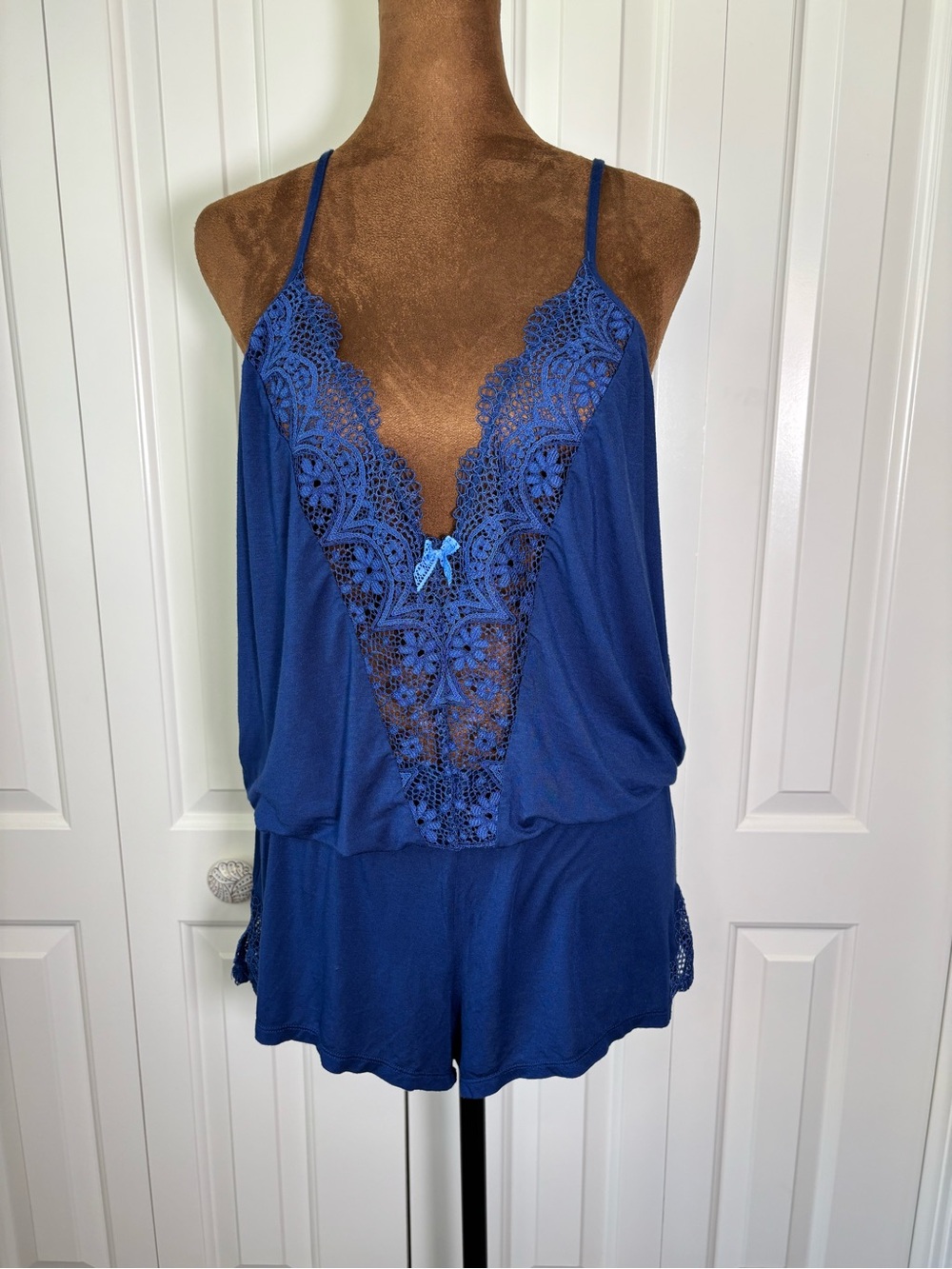 Victoria's Secret Blue Modal Lace Plunge Sleep Romper Teddy Medium EUC